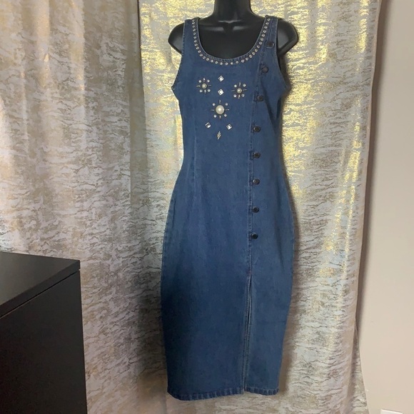 Vintage🧚♀️Junior Jean Los Angeles Gold Studded Denim Button Up Dress Size M - Picture 2 of 16